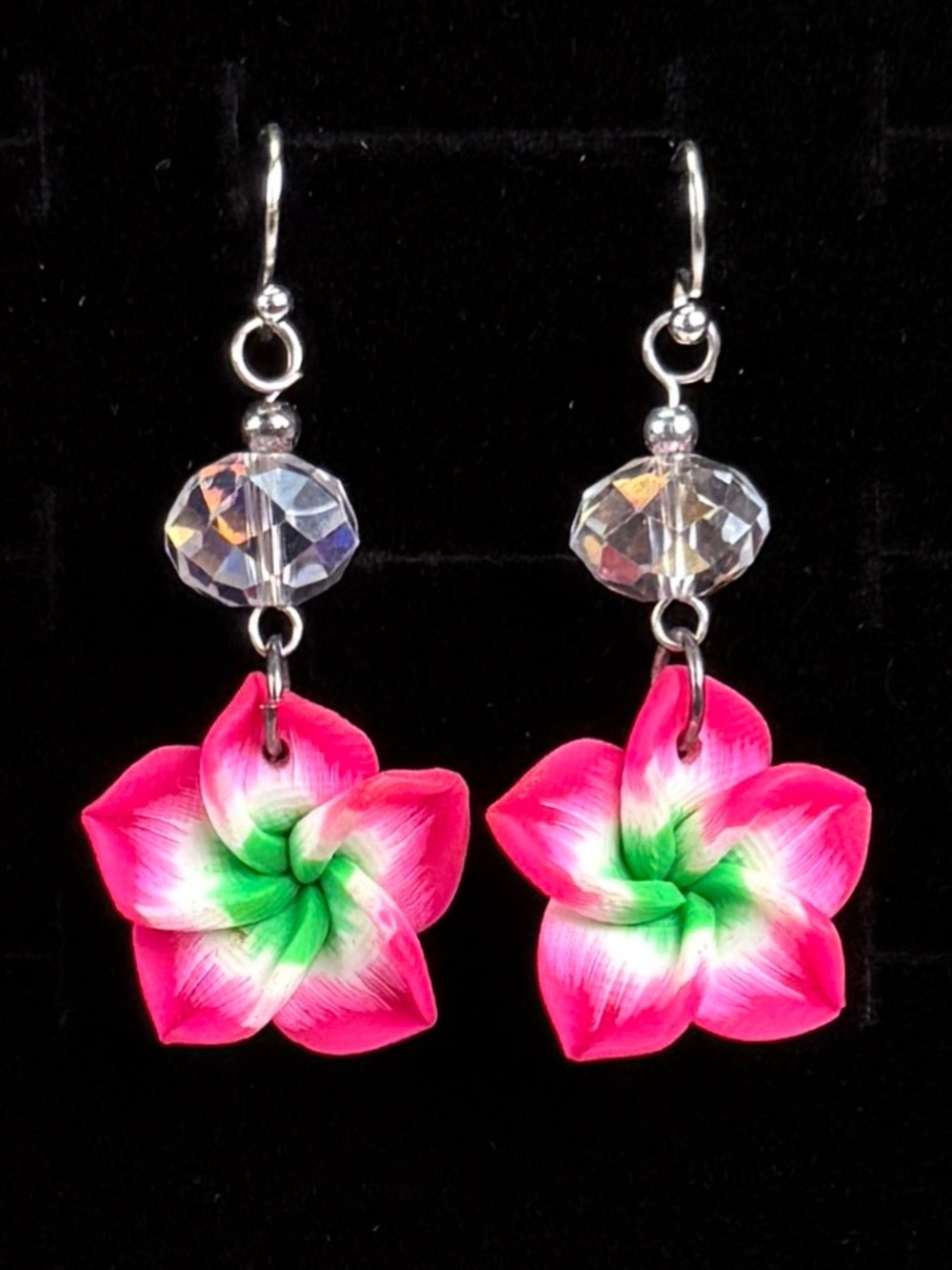 Silvertone clear bead, pink 3-D flower pierced earrings